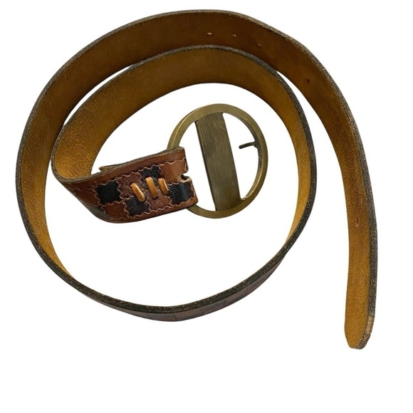 IndieSleaze Accessories - Vintage Leather Belt checkered pattern brassy gold buckle Boho Chic IndieSleaze